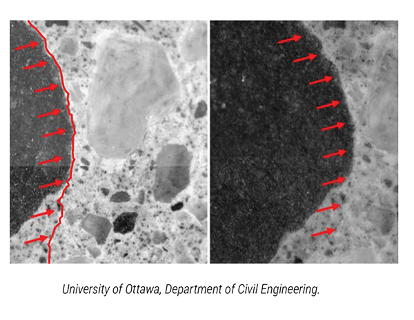 Visual representation of concrete with a hairline crack being sealed by growing crystalline structures, demonstrating self-healing waterproofing technology.
